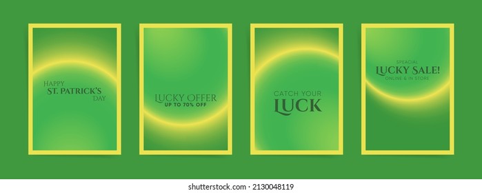 Abstract neon green gradient cover template design set for poster, brochure, sale promotion. Smooth circular gradient fashion concept. Vector A4 layout for Saint Patrick's Day