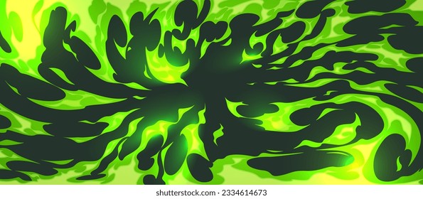 Abstract neon green liquid splash on black background. Vector cartoon illustration of toxic poisonous substance spill, space blast, nuclear explosion, witchcraft spell energy, sticky slime splatter