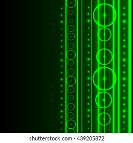 Abstract neon green shiny circles and rings on the black background. Vector illustration.
