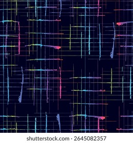 Abstract neon grid pattern with colorful gradient brush strokes on dark background. Seamless hand-drawn lines with glitch style, perfect for modern prints, fashion, and digital design.
