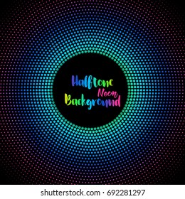 Abstract neon halftone circle background, vector illustration. Multicolored dots pattern, scale from big to small isolated on black background.
