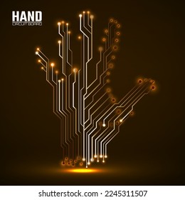 Abstract neon hand of circuit board, glowing technology concept. Vector illustration