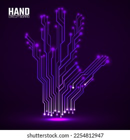 Abstract neon hand of circuit board, glowing technology concept. Vector illustration