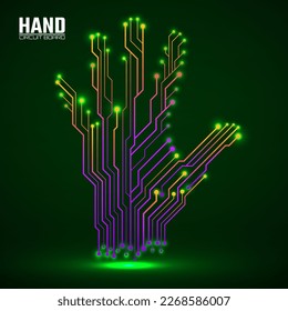 Abstract neon hand of circuit board, glowing technology concept. Vector illustration