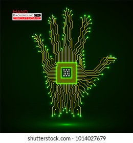 Abstract neon hand. Cpu. Circuit board. Vector illustration. Eps 10