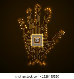 Abstract neon hand with cpu, circuit board