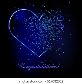 Abstract Neon hearts with hearts and splashes and blue sequins. Happy New Year! Merry Christmas! Happy Birthday! Happy Valentine's Day! I love you. 2017 greeting holiday card, Congratulations