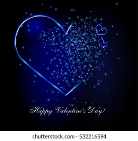 Abstract Neon hearts with hearts and splashes and blue sequins. Happy New Year! Merry Christmas! Happy Birthday! Happy Valentine's Day! I love you. 2017 greeting holiday card, Congratulations