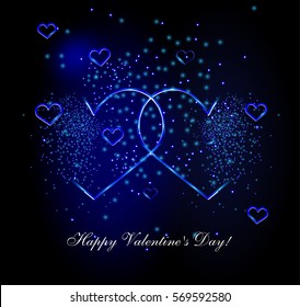 Abstract Neon hearts with hearts and splashes and blue sequins. Happy New Year! Merry Christmas! Happy Birthday! Happy Valentine's Day! I love you. 2017 greeting holiday card, Congratulations