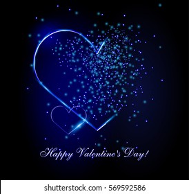 Abstract Neon hearts with hearts and splashes and blue sequins. Happy New Year! Merry Christmas! Happy Birthday! Happy Valentine's Day! I love you. 2017 greeting holiday card, Congratulations