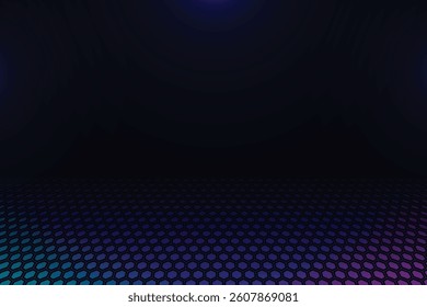 Abstract neon hexagons pattern perspective background and texture with copy space