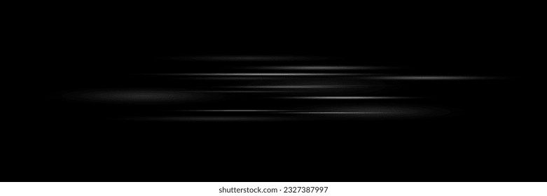 Resumen del efecto de la luz de la velocidad blanca horizontal del neón sobre el fondo negro. Ilustración vectorial.