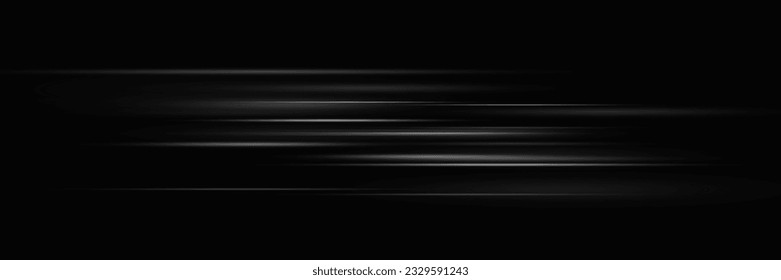 Abstract neon horizontal white speed light effect on black background. Vector illustration.