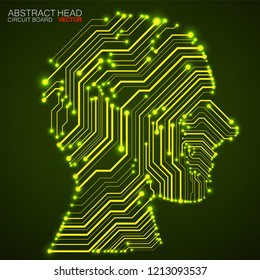 Abstract neon human head with circuit board. Vector