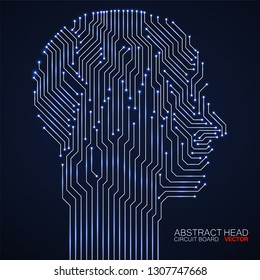 Abstract neon human head with circuit board. Technology concept. Vector