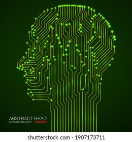 Abstract neon human head with circuit board. Digital technology concept