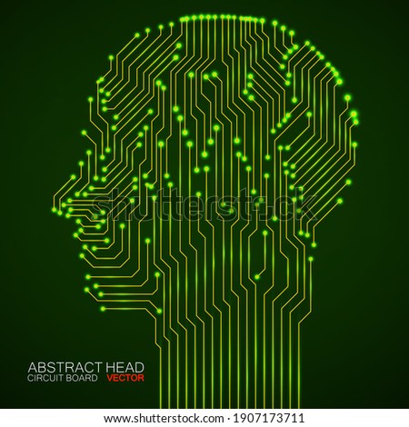 Abstract neon human head with circuit board. Digital technology concept