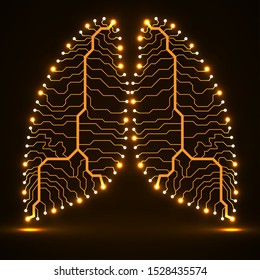 Abstract neon human lungs, circuit board, technology background