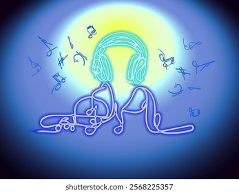 Abstract neon illustration of a musician, DJ wearing headphones against a bright dynamic atmosphere in blue and yellow hues with glowing musical notes, for music projects, party and entertainment