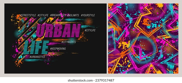 Abstract neon label, pattern with splattered paint, paint brush strokes, hashtags, text urban life. Dynamic chaotic composition For apparel, textile, sport goods, vinyl wrap Grunge texture Not AI