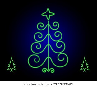 Abstract neon lamp Christmas shape background object glowing icon. Christmas objects in vivid colors. Festive fir with neon light. Icon set, sign, symbol for UI. Vector illustration