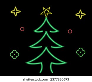 Abstract neon lamp Christmas shape background object glowing icon. Christmas objects in vivid colors. Festive fir with neon light. Icon set, sign, symbol for UI. Vector illustration