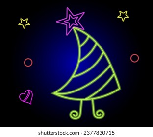 Abstract neon lamp Christmas shape background object glowing icon. Christmas objects in vivid colors. Festive fir with neon light. Icon set, sign, symbol for UI. Vector illustration