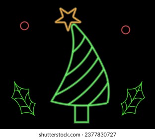 Abstract neon lamp Christmas shape background object glowing icon. Christmas objects in vivid colors. Festive fir with neon light. Icon set, sign, symbol for UI. Vector illustration