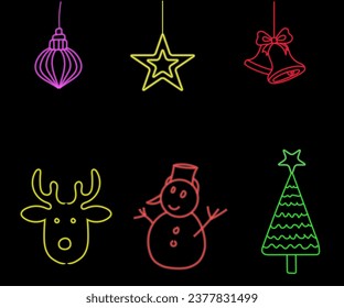 Abstract neon lamp Christmas shape background object glowing icon. Christmas objects in vivid colors. Festive fir with neon light. Icon set, sign, symbol for UI. Vector illustration