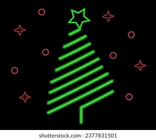 Abstract neon lamp Christmas shape background object glowing icon. Christmas objects in vivid colors. Festive fir with neon light. Icon set, sign, symbol for UI. Vector illustration