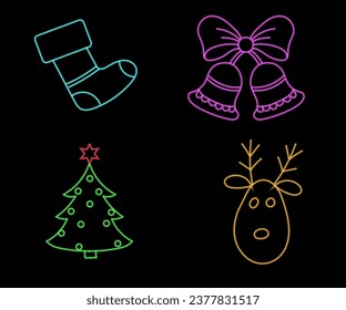 Abstract neon lamp Christmas shape background object glowing icon. Christmas objects in vivid colors. Festive fir with neon light. Icon set, sign, symbol for UI. Vector illustration
