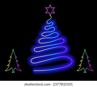 Abstract neon lamp Christmas shape background object glowing icon. Christmas objects in vivid colors. Festive fir with neon light. Icon set, sign, symbol for UI. Vector illustration
