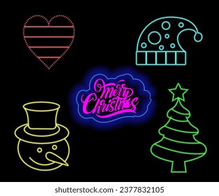 Abstract neon lamp Christmas shape background object glowing icon. Christmas objects in vivid colors. Festive fir with neon light. Icon set, sign, symbol for UI. Vector illustration