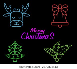 Abstract neon lamp Christmas shape background object glowing icon. Christmas objects in vivid colors. Festive fir with neon light. Icon set, sign, symbol for UI. Vector illustration