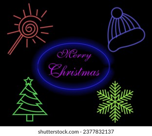 Abstrakte Neonlampe Weihnachtsgestalt Hintergrund Objekt leuchtend Symbol. Weihnachtsobjekte in lebhaften Farben. Festliche Tanne mit Neonlicht. Symbolsatz, Zeichen, Symbol für Benutzeroberfläche. Vektorgrafik