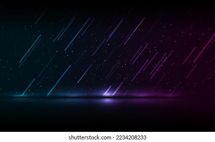 Abstract neon laser rain on dark blue purple background. Futuristic glowing graphic vector design