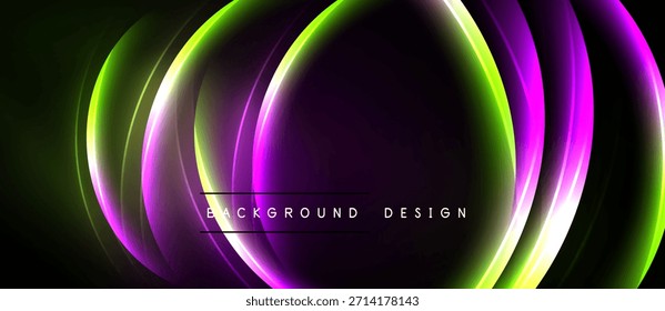 Abstract neon layers create vibrant, flowing shapes. Dark background emphasizes glowing curves, modern design element.