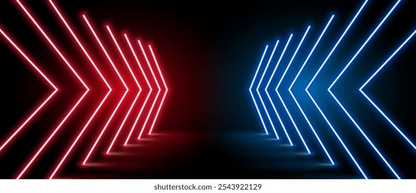 Dirección Abstractas de la flecha de la luz de neón en el diseño de la perspectiva. Diseño del Vector.