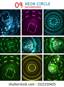 Abstract neon light circles backgrounds, glowing cyber round shapes templates. Modern template for cover design for brochures, web banners, flyers. Vector art
