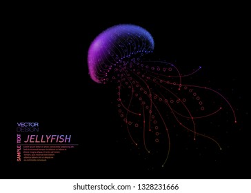 Abstract neon light of closeup jellyfish. Business lines and spheres from flying debris. Underwather triangles concept. Colorful structure style vector illustration.