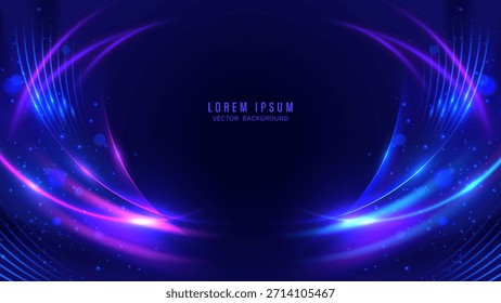 Abstract neon light curves background. Symmetrical blue and purple glowing waves with bokeh sparkles. Futuristic vector stage frame for technology, entertainment, or banner design
