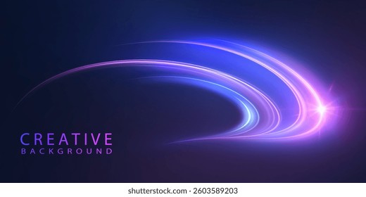 Abstract neon light curves with glowing lines and a bright flare on dark background. Perfect for modern presentations, tech banners, creative designs, or futuristic UI elements.