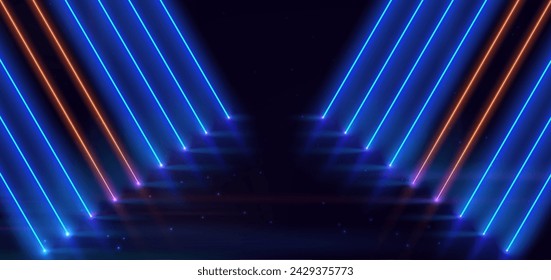 Efecto de luz de neón abstracto azul brillante y diagonal naranja sobre fondo negro. Ilustración de vector