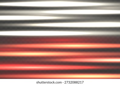 Abstractas llamaradas de luz de neón sobre un fondo oscuro. Destellos brillantes blancos desde la parte superior y destellos rojos de neón desde la parte inferior.