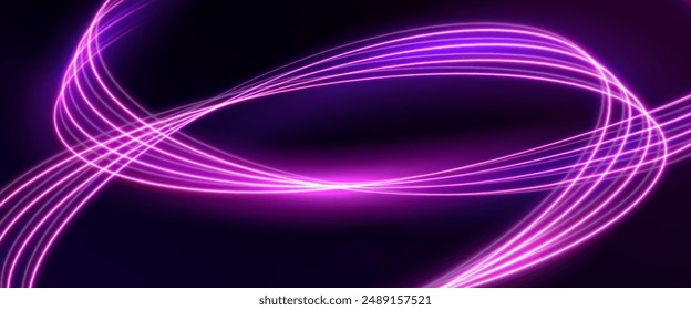 Abstract neon light lines glowing on black background. Vector realistic illustration of purple wave motion effect, futuristic abstract backdrop for modern technology presentation, fast movement