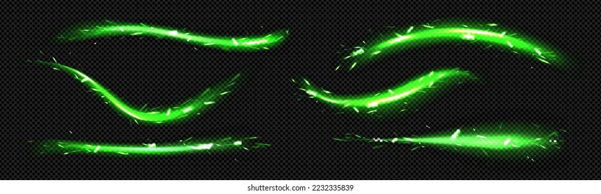 Abstract neon light lines with sparkles isolated on transparent background. Vector realistic set of magic green glow streaks, horizontal energy flare with sparks