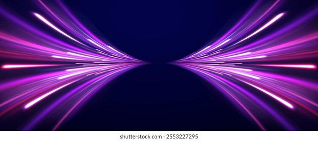 Fundo abstrato da autoestrada de néon leve. Arco claro em cores neon, em forma de curva. Brilho brilhante mágico de linhas de energia, ondas de energia de redemoinho brilhante fluem, trilha elétrica brilhando em fundo escuro