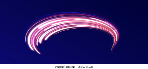 Abstract neon light motorway background. Magic bright shine glow of energy lines, shiny swirl power waves flow, electric trail glowing in dark background. Effect, png, wave, neon, line, speed, wavy. 
