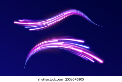 Abstract neon light motorway background. Light arc in neon colors, in the form of a turn. Magic bright shine glow of energy lines, shiny swirl power waves flow, electric trail glowing in dark.