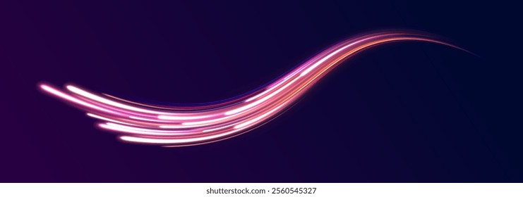 Abstract neon light motorway background. Magic bright shine glow of energy lines, shiny swirl power waves flow, electric trail glowing in dark background. Effect, png, wave, neon, line, speed, wavy. 